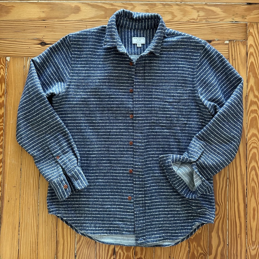 Club Monaco Navy Striped Twill Flannel Button-Down Shirt